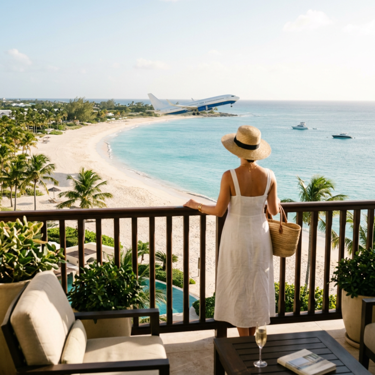 Woman in white dress and sunhat on balcony overlooking tropical beach and airplane landing