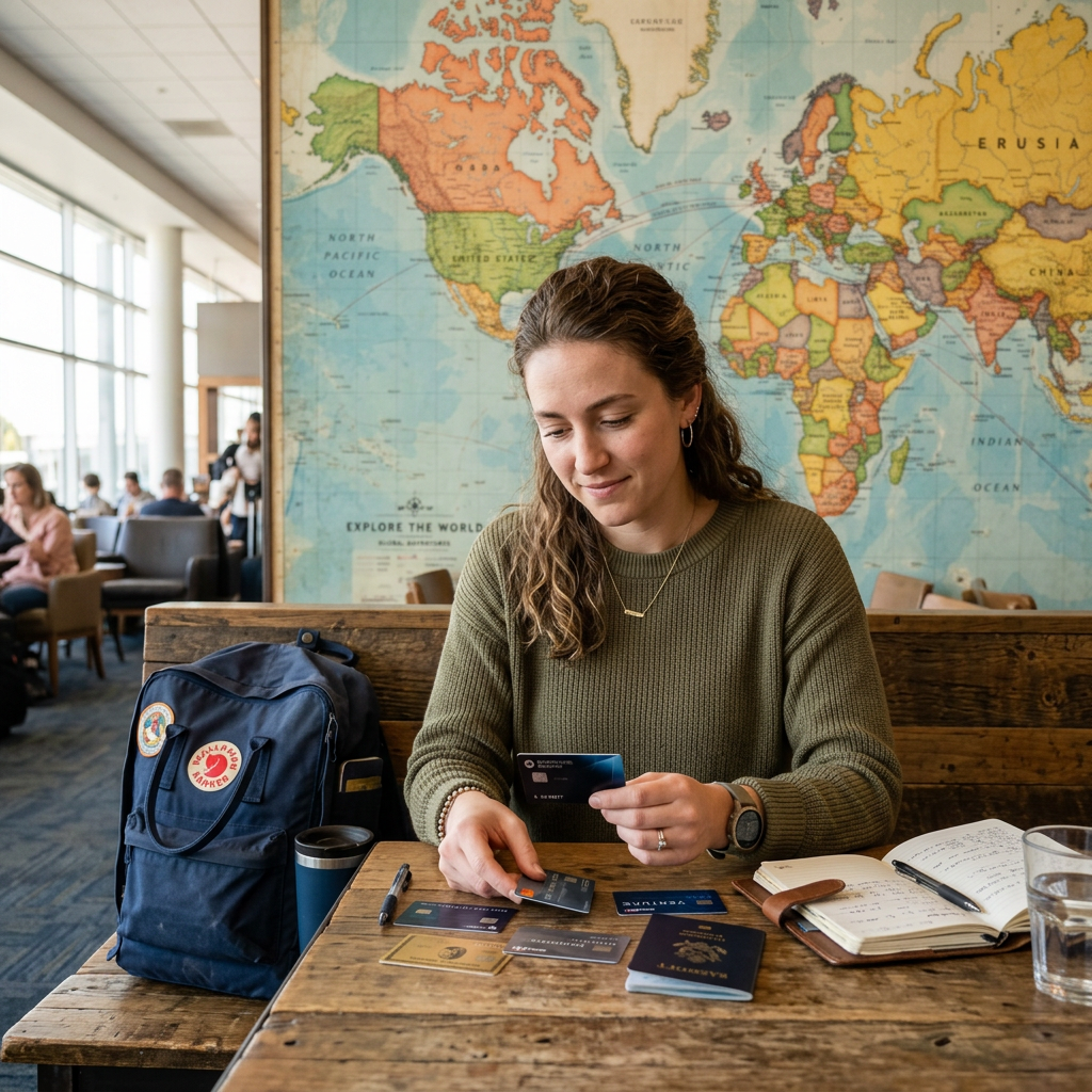A person sorting credit cards and passport on a wooden table with a world map behind