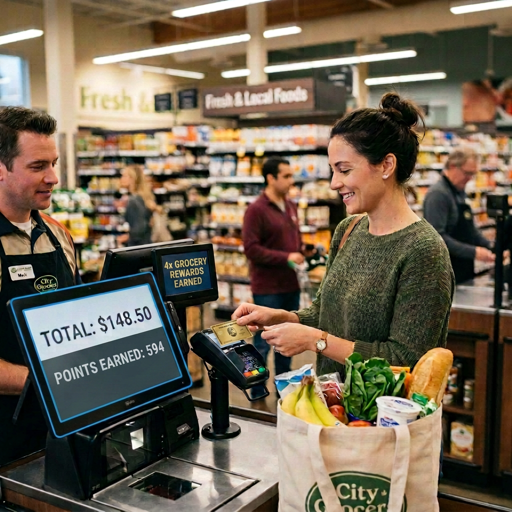 Rewards-focused grocery checkout experience Shopper paying by card; screen reads total $148.50 and 445 rewards points earned