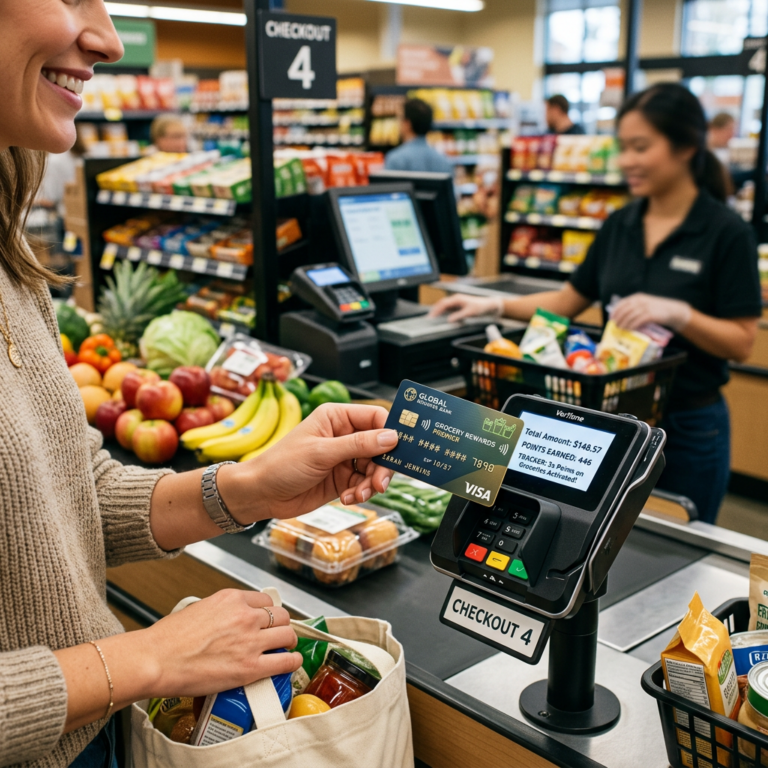 Shopper paying for groceries with a rewards card at checkout