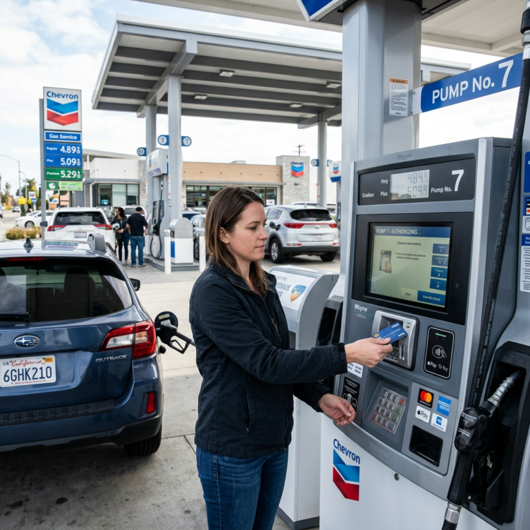 Woman paying by card at Chevron gas pump beside Subaru