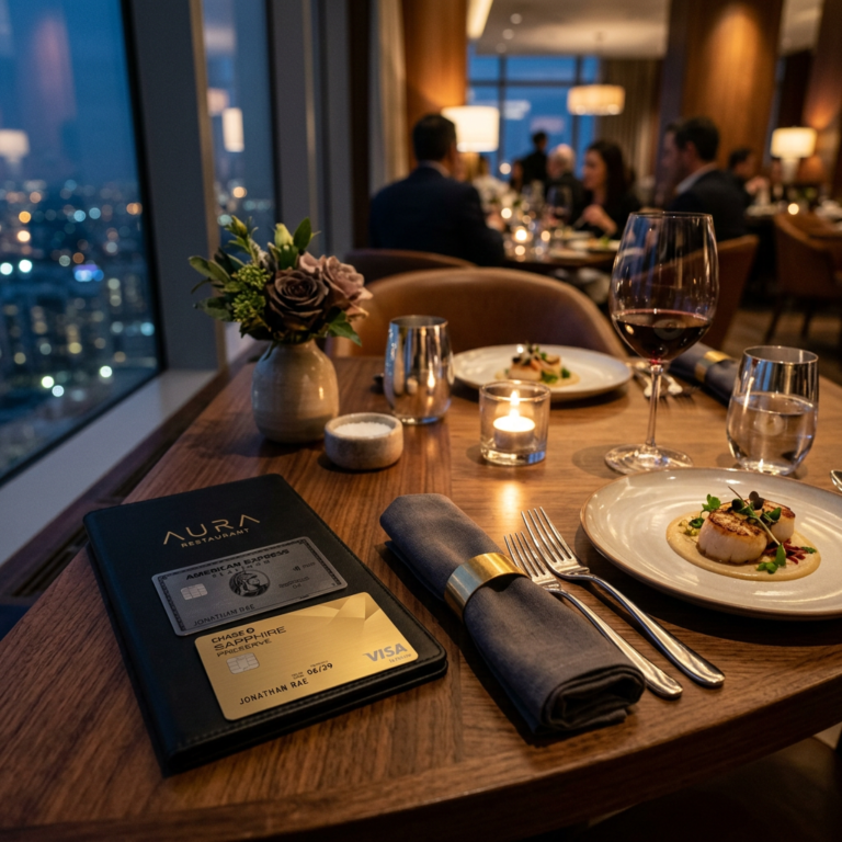 Candlelit restaurant table with plated dishes, wine, flowers, and city lights