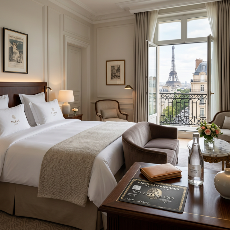 Luxury Paris hotel room overlooking Eiffel Tower; American Express card visible on desk