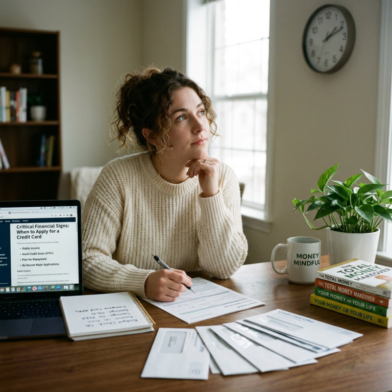 Woman reviewing credit card advice beside financial documents, books, and a Money Mindful mug
