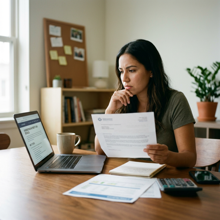 Woman reviewing bills beside a laptop, calculator, and notebook