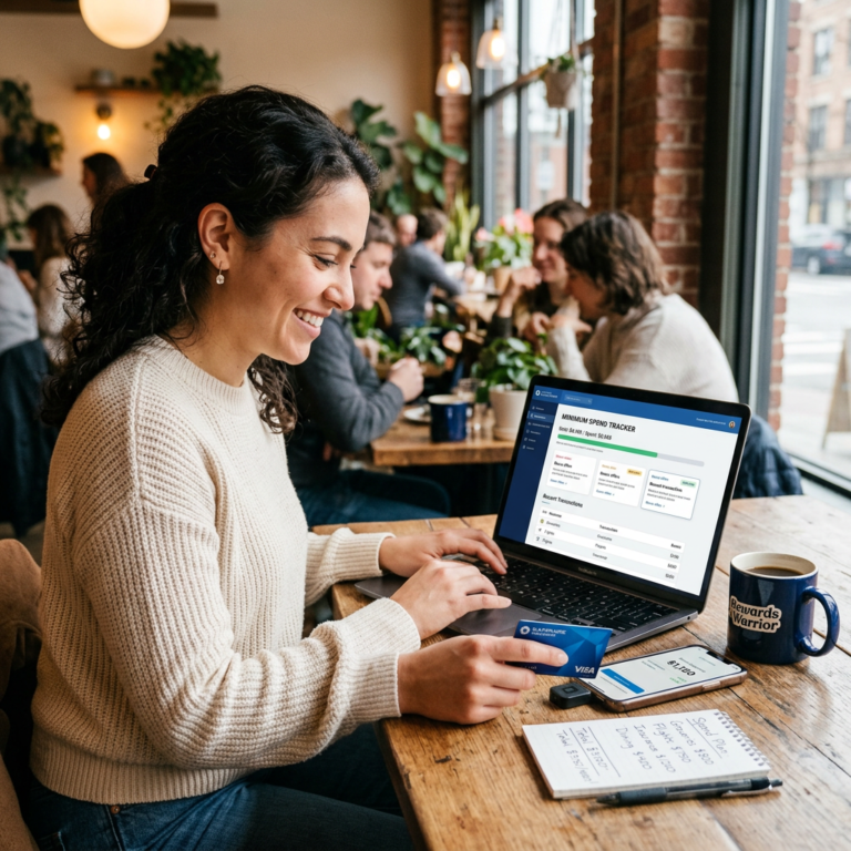 Woman using laptop displaying “MINIMUM SPEND TRACKER” beside payment cards