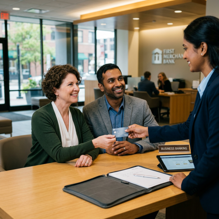 Banking representative handing a card to a smiling couple at a branch