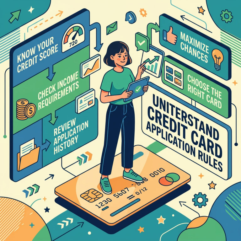 Illustration with text: KNOW YOUR CREDIT SCORE 720; CHECK INCOME REQUIREMENTS; REVIEW APPLICATION HISTORY; MAXIMIZE CHANCES; CHOOSE THE RIGHT CARD; UNDERSTAND CREDIT CARD APPLICATION RULES.