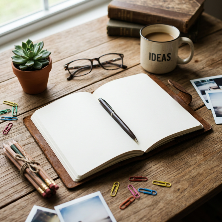 Open blank notebook with pen, coffee mug labeled IDEAS, glasses, books, and plant