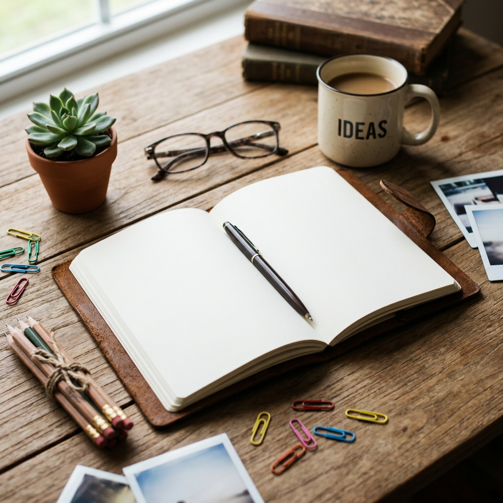 Open blank notebook with pen, coffee mug labeled IDEAS, glasses, books, and plant