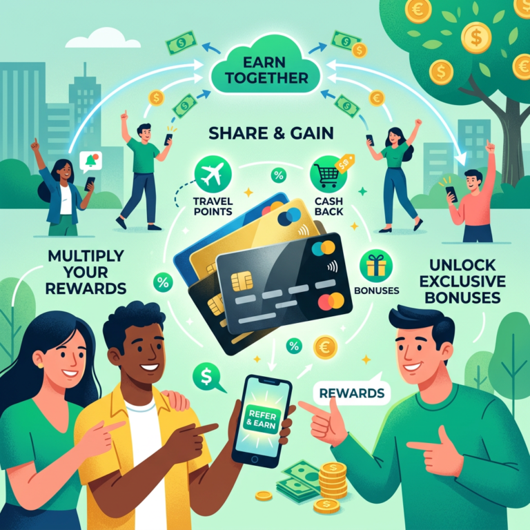 Illustration with text: EARN TOGETHER; SHARE & GAIN; TRAVEL POINTS; CASH BACK; BONUSES; MULTIPLY YOUR REWARDS; UNLOCK EXCLUSIVE BONUSES; REFER & EARN; REWARDS.