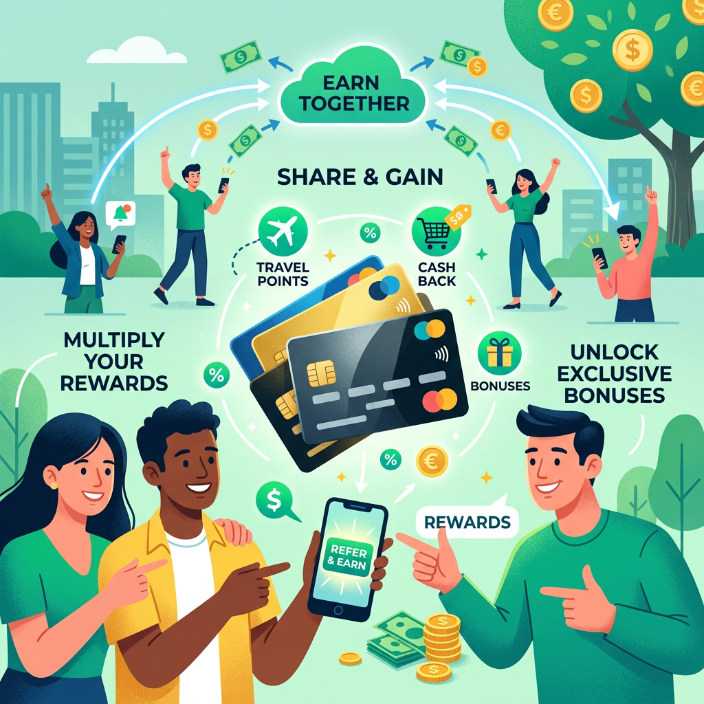 Illustration with text: EARN TOGETHER; SHARE & GAIN; TRAVEL POINTS; CASH BACK; BONUSES; MULTIPLY YOUR REWARDS; UNLOCK EXCLUSIVE BONUSES; REFER & EARN; REWARDS.